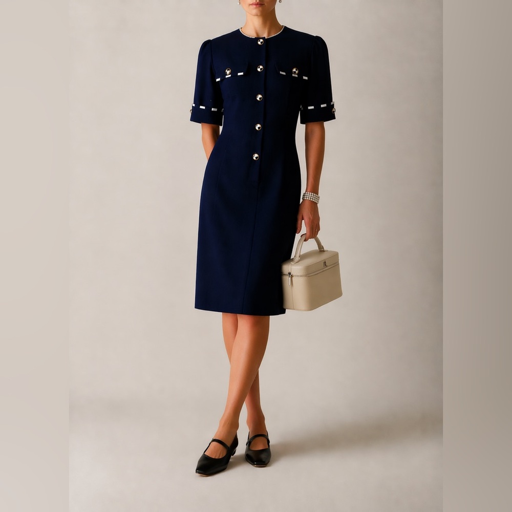 VINTAGE - Schneberger Navy Button Front Dress | Minimal Chic, Gold Buttons